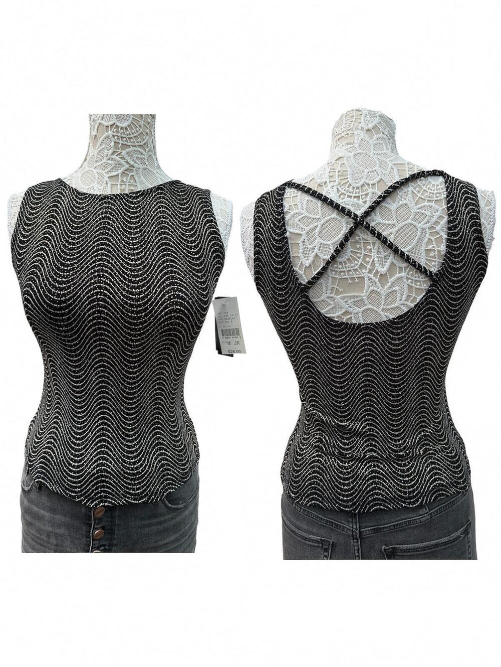 Byer California Y2K Glam‎ Black Silver Stretch Sleeveless Top Retro Party Tank